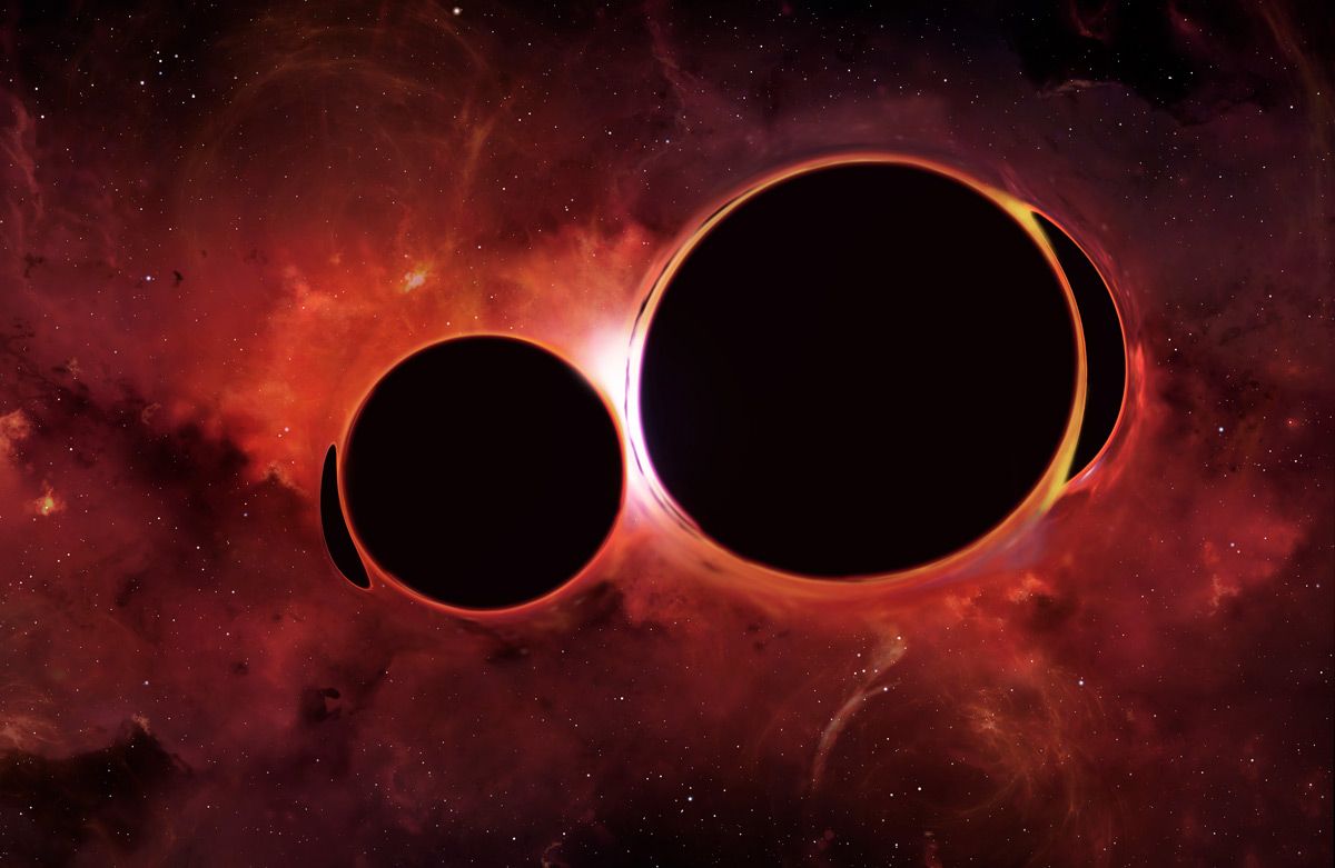 两个黑洞离得很近即将合并。 