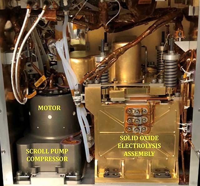 Interior view of MOXIE showing the motor and scroll pump compressor on the left and the SOXE assembly on the right.