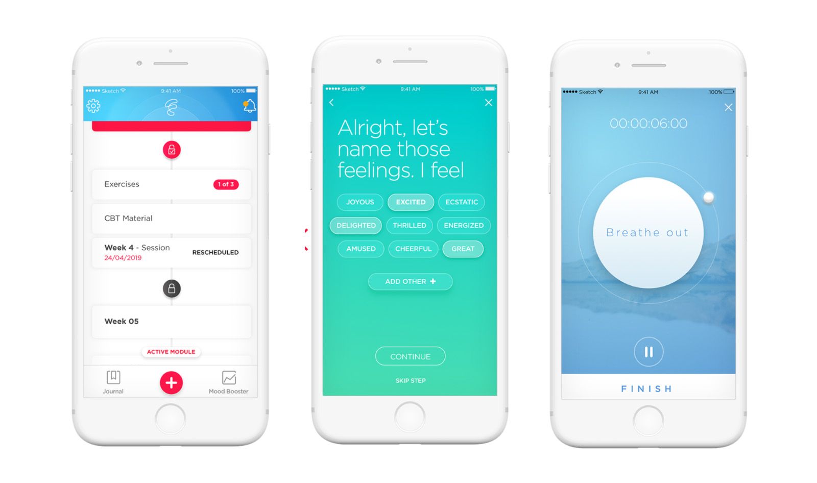 Three smartphone screens showing the Feel phone app.  Left: The Feel app includes journaling and therapist recommendations. Center: The app prompts users to identify their current emotions. Right: the app recommends a breathing exercise.