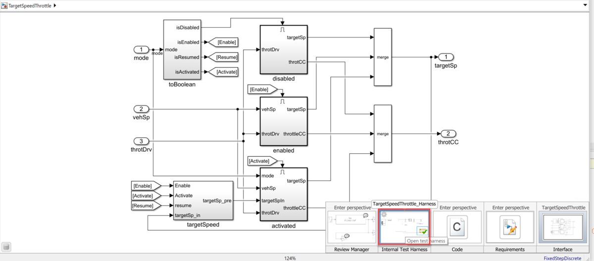 Simulink canvas showing the test harness perspective.