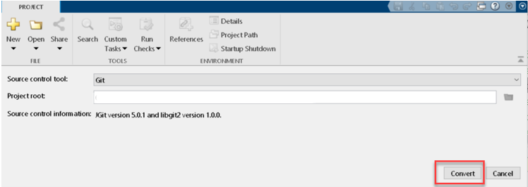 MATLAB Project tab showing the Convert button.