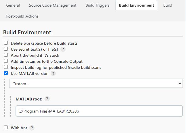 Build Environment（构建环境）选项卡的截图。Use MATLAB version（使用 MATLAB 版本）被选中，有可供选择的下拉菜单以及需要填写 MATLAB 根目录的表单。