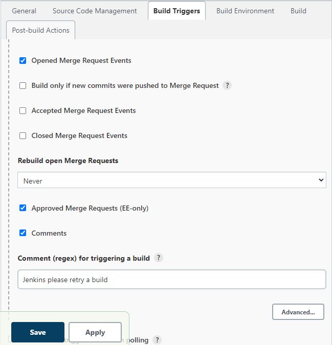 Build Triggers（构建触发器）选项卡的另一个截图。在 Post-build Actions（构建后操作）下，选择 Opened Merge Request Events（打开的合并请求事件）、Approved Merge Requests（获批的合并请求）和 Comments（注释），并填写注释：Jenkins please retry a build（Jenkins，请重新尝试构建）。图中还显示了保存和应用按钮。 