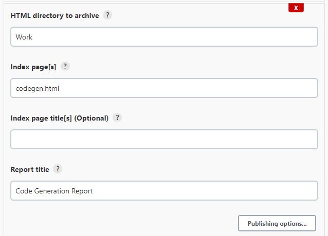 Publish HTML Reports（发布 HTML 报告）弹出窗口的另一张屏幕截图，其中填写了要存档的 HTML 目录、索引页和报告标题。还包含一个发布选项按钮。 