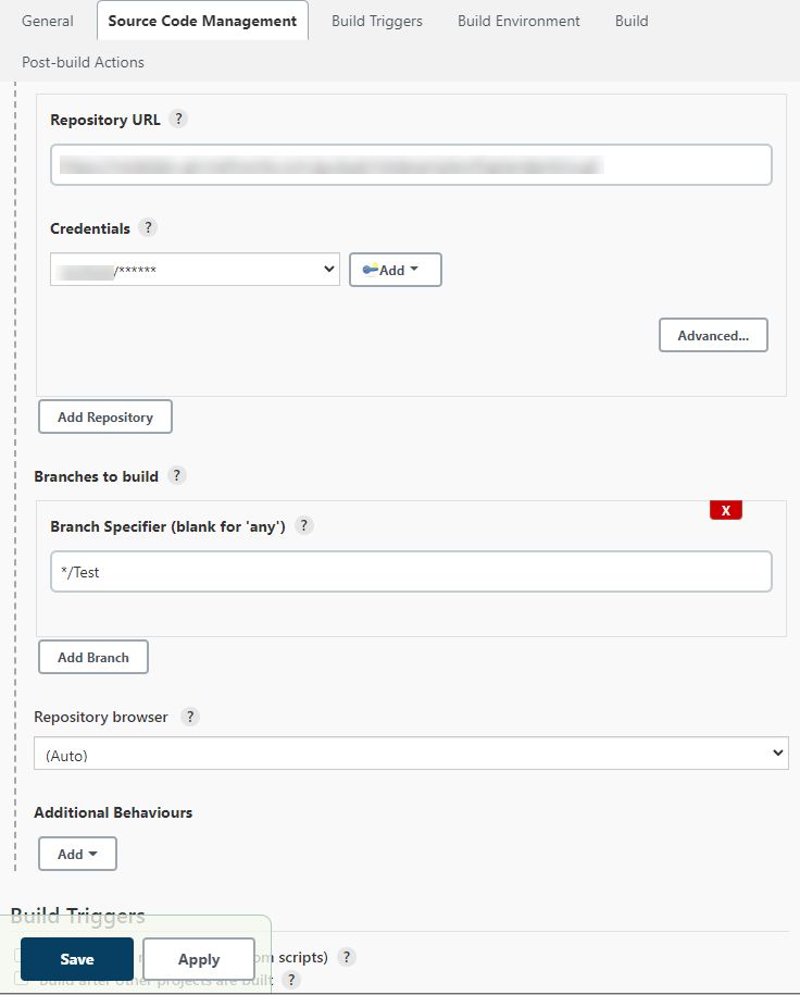 另一个 Source Code Management（源代码管理）选项卡的截图。其中显示了用于添加其他行为的按钮和保存按钮。 