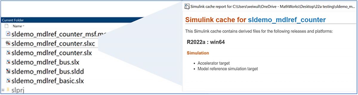 Screen capture highlighting Simulink .slxc cache file.