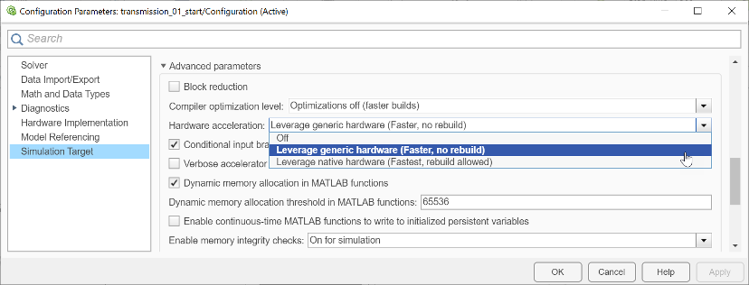Screen capture of hardware acceleration options in Simulink.