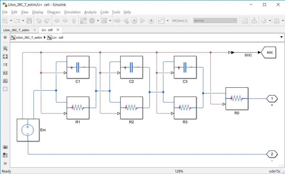 图 2：使用 Simscape 开发的 3-RC 等效电路（在某一温度下）。Em =开路电压，R =电阻，C =电容。