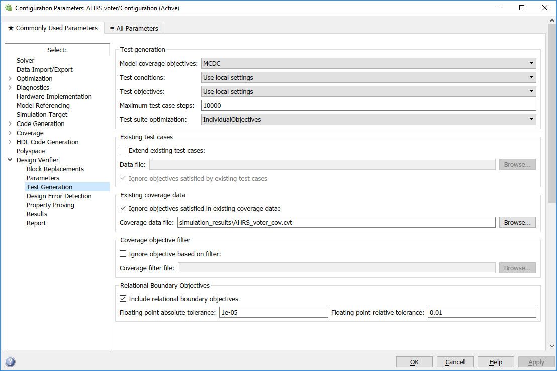 Figure 8. Simulink Design Verifier test generation options.