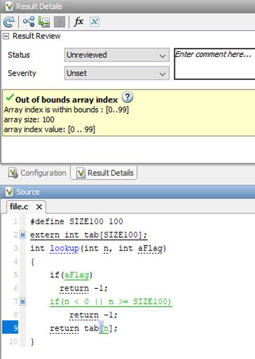使用 Polyspace Code Prover 进行越界数组索引检查。