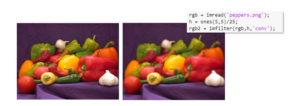 Two side-by-side images of a variety of peppers and onions. The image on the left is clear and the image on the right is blurry.