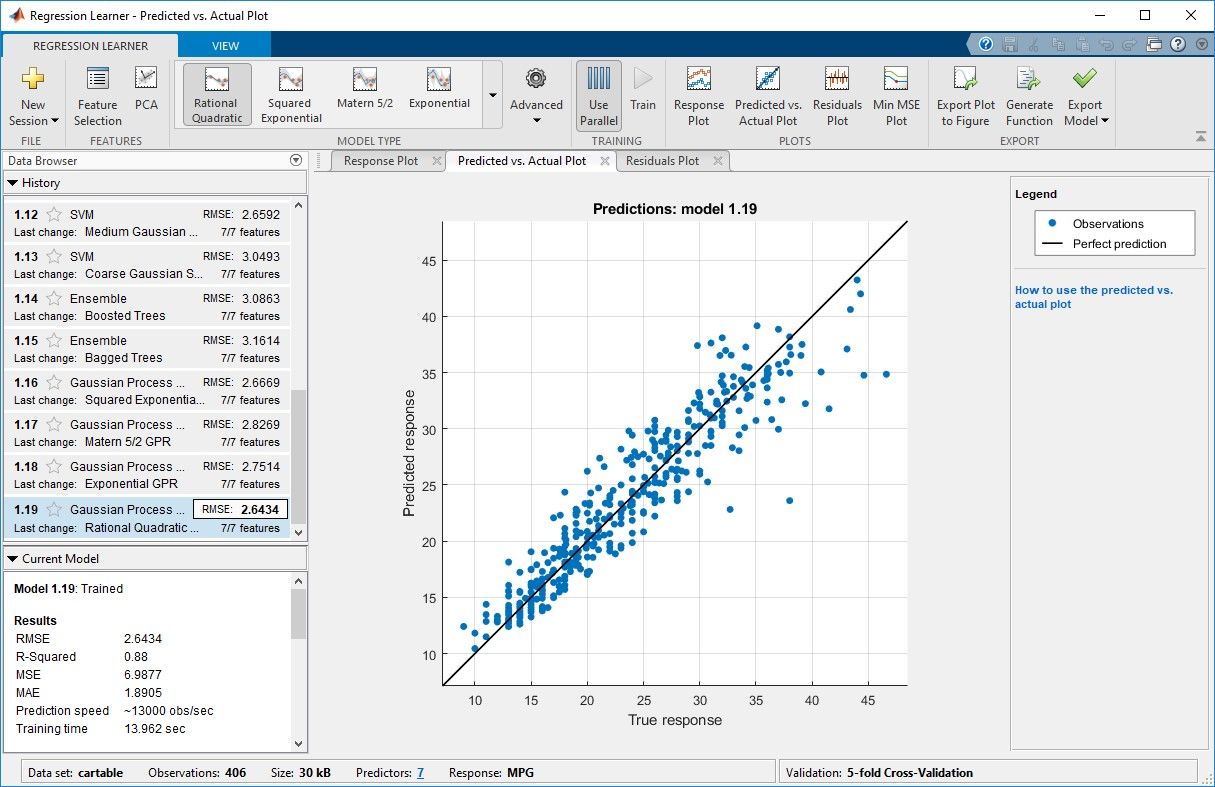 Regression Learner app for training