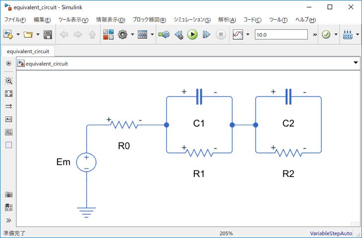 2つの異なる時定数、内部抵抗、および開回路電位を有するバッテリー(電池)の等価回路