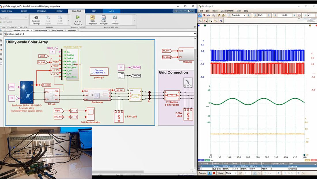 并排展示 Simulink 模型、仿真输出中的开关行为，以及用于测试电力电子控制设计的硬件设置的图。