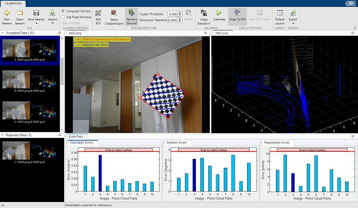 Lidar Camera Calibrator app. Estimate the rigid transformation between a 3D lidar and a camera.