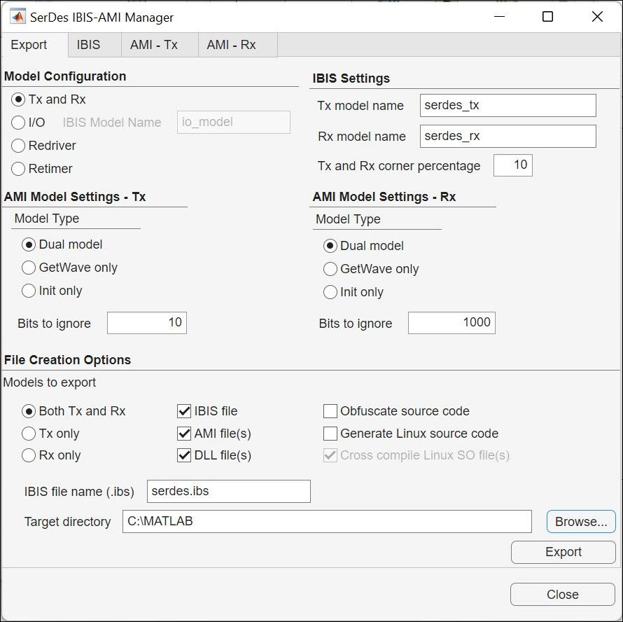 截图：SerDes Toolbox 中用于导出 IBIS-AMI 模型的 SerDes IBIS-AMI 管理器。