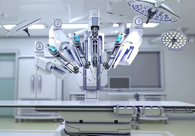 A metallic robot designed for surgery.
