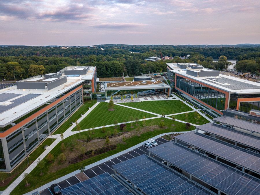 Solar panels on the roofs of buildings on the MathWorks campus.