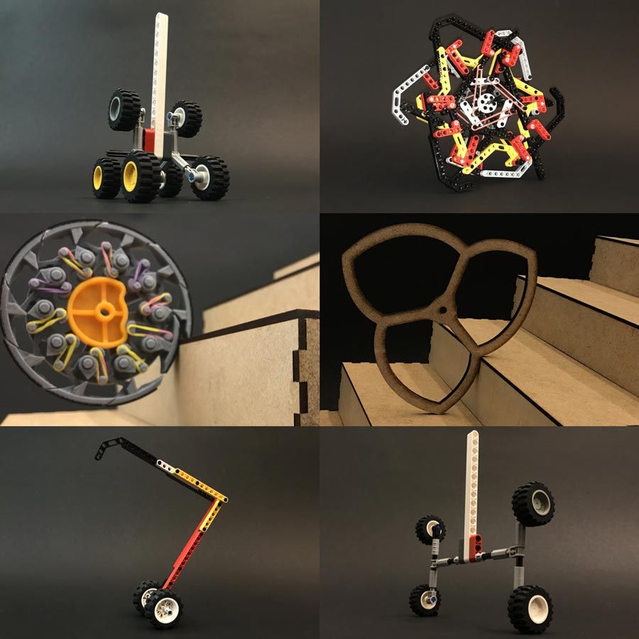 Six early physical concepts of robots that could scale stairs, showing models of wheels and legs built with cardboard or LEGO<sup>®</sup> blocks.