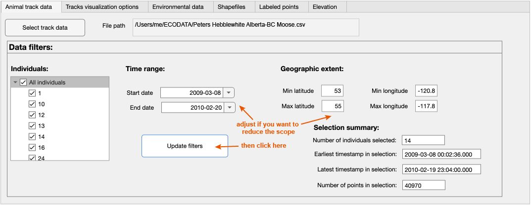 Screenshot of the ECODATA-Animate user interface shows you can adjust the selected individuals, time range, or geographic location.