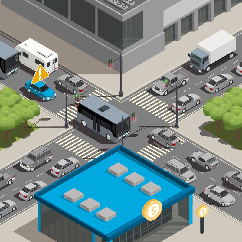 Illustration of a city intersection with all four streets jammed with cars, while one car waits to get through. 