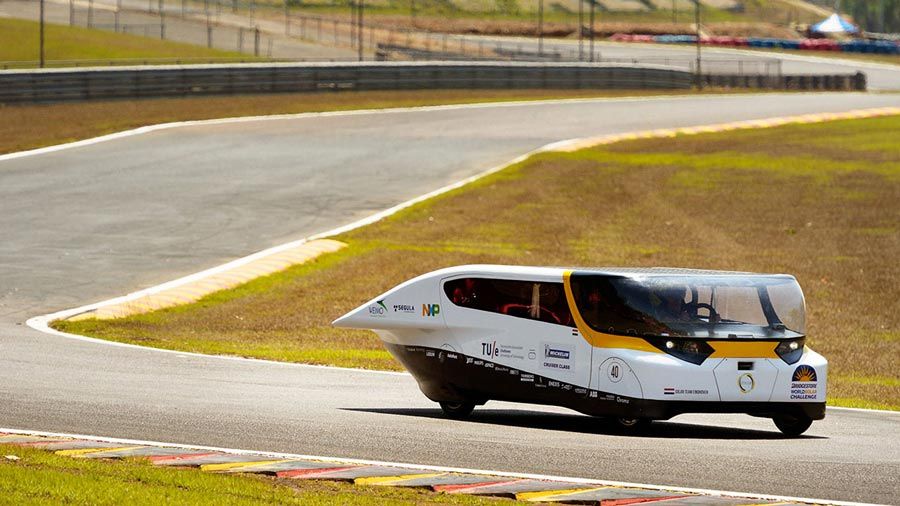 The Stella solar car on the racetrack at the 2013 Bridgestone World Solar Challenge.