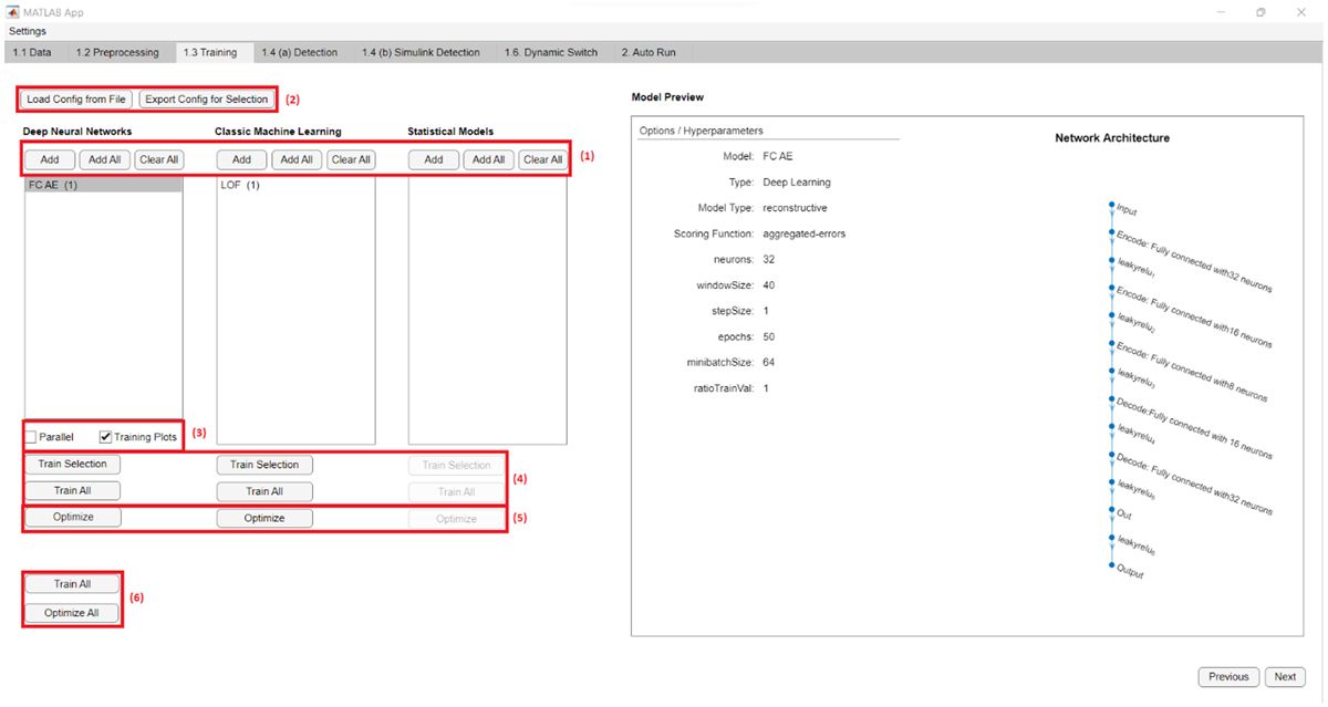 Screenshot of the TSDA platform’s training tab, including selections for various deep learning networks, machine learning models, and statistical models.