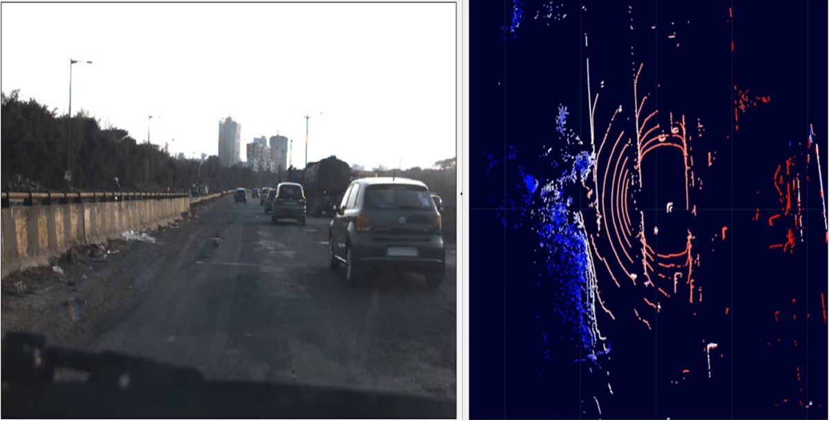 On the left, a real-world driving scenario captured by the recording camera. On the right, the lidar data of the same scenario.