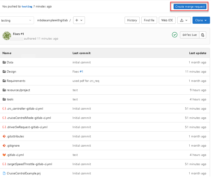 GitLab repository with the changes from the Fixes #1 commit and the Create merge request button.