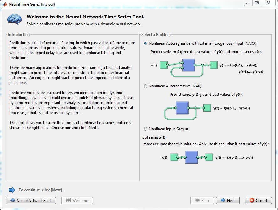 Figure 7. Training a NARX network using the Neural Time Series app. 