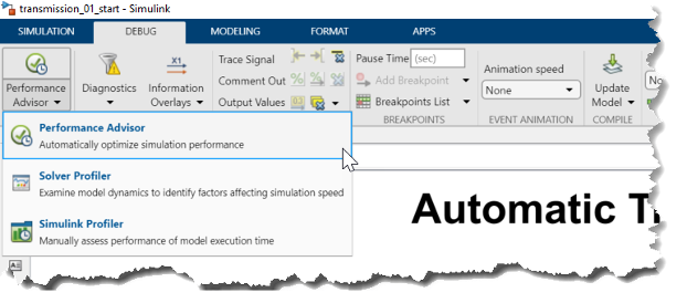 Screen capture of debug tab in Simulink highlighting the Performance Advisor option.