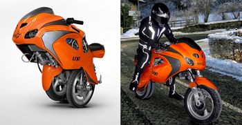 Figure 1. The Uno III dicycle in Uno mode (left) and in motorcycle mode (right). During the transformation to motorcycle mode, the third wheel, stored in Uno mode, is moved forward while the rear traction wheels shift backwards, providing greater stability at high speeds.