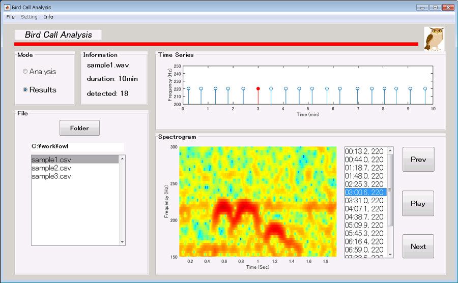 Figure 3. Interface developed in MATLAB for detecting, visualizing, and verifying Blakiston’s fish owl calls.