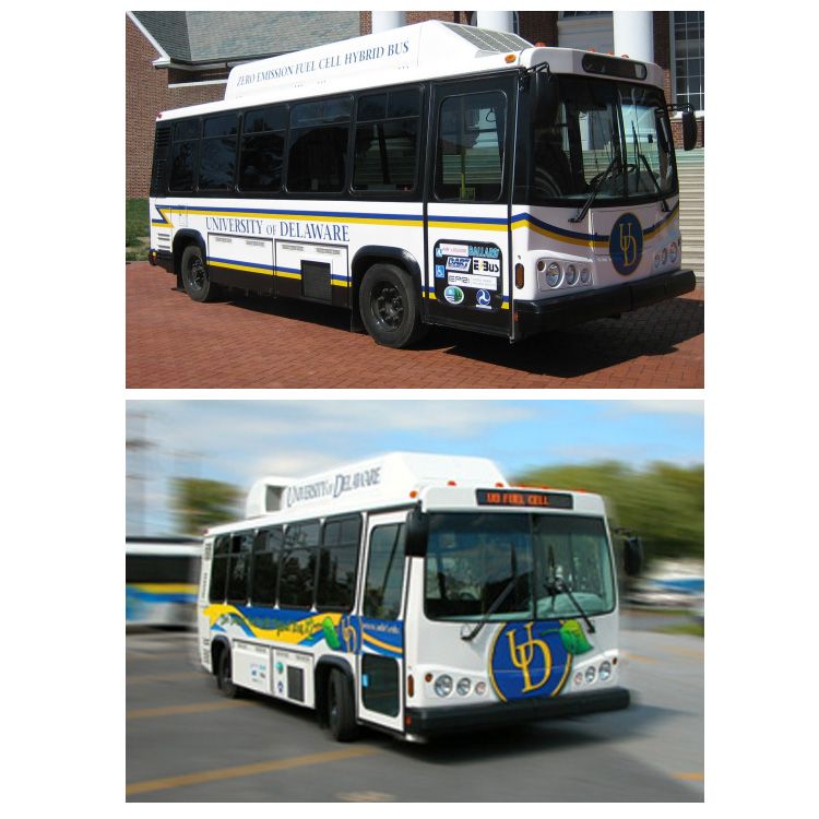 A University of Delaware phase 1 fuel cell hybrid bus and a phase 2 fuel cell hybrid bus traveling around campus.