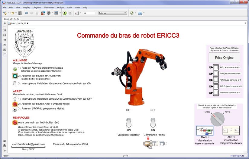 Figure 3. Simulink interface for controlling the ERICC3 robot, including start-up and shut-down procedures.
