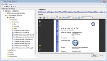 Figure 2. The Certification Artifacts Explorer of IEC Certification Kit, showing the TÜV SÜD certificate for Polyspace products.