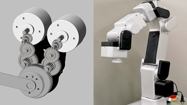 The Simscape Multibody model of the double motor actuator (left), and the robot (right).