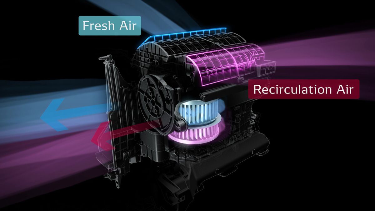 Illustration of a DENSO blower motor delivering hot and cool air through a vehicle HVAC system.