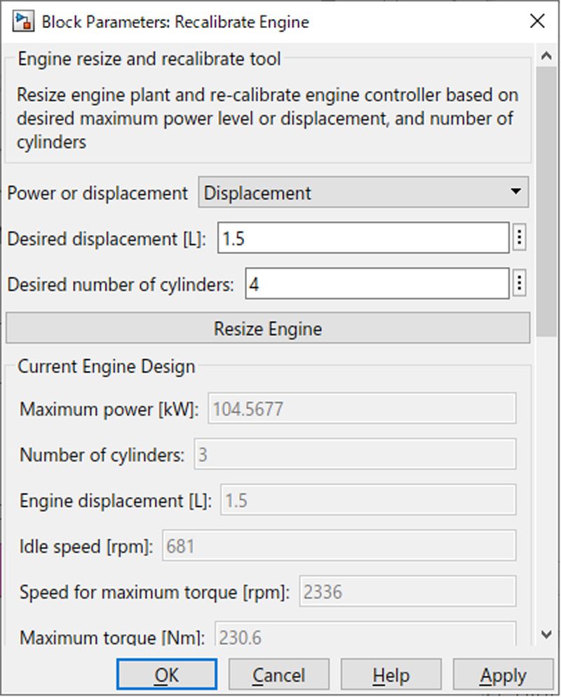 User interface for the engine resize feature within the Powertrain Blockset engine dynamometer reference application.