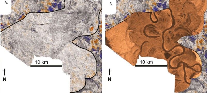 Horizontal slice through a 3D seismic data cube, and a prediction of one possible configuration for the internal geology of the reservoir target. 