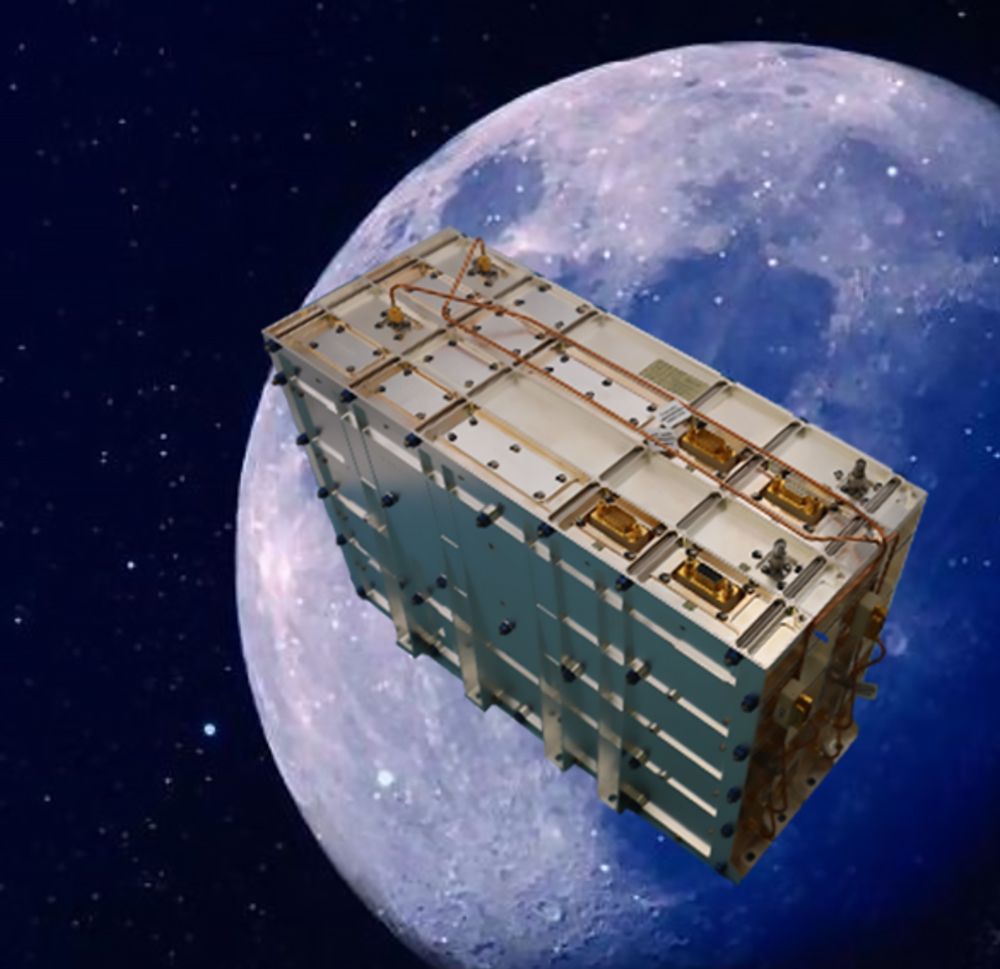 An artistic impression of the UHF processor in the case it will ultimately be flown to space in against the moon as backdrop. Several interface sockets are visible on its top.