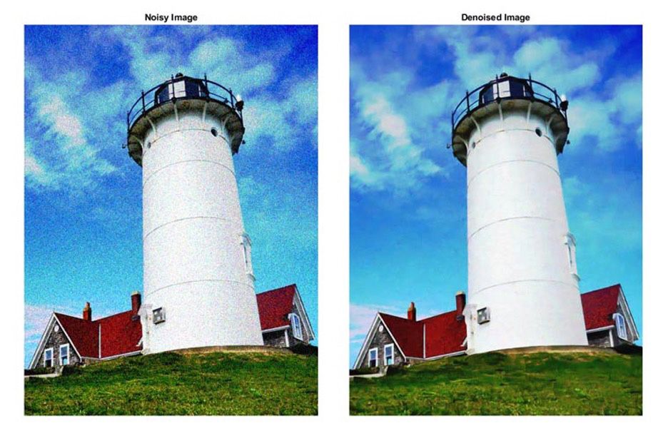 A noisy image and the denoised image of a lighthouse shown side by side for comparison. Noise is removed using a denoising convolutional neural network using MATLAB. 