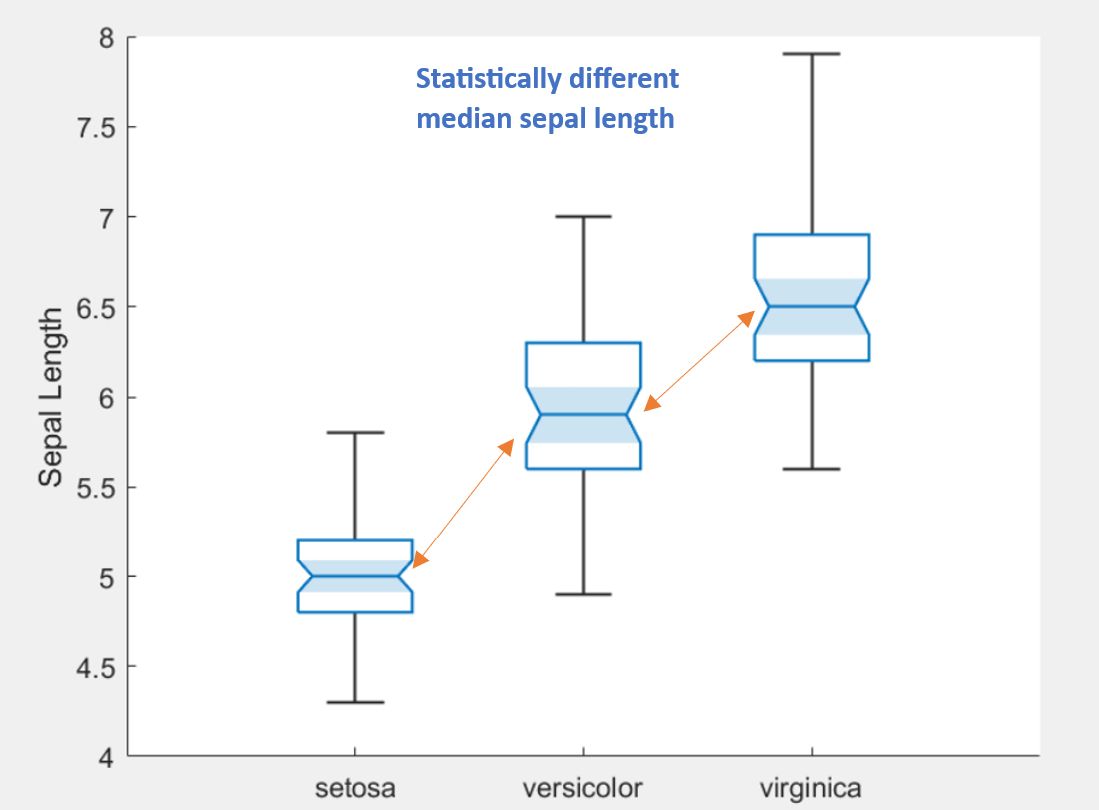 Screenshot of a box plot created with the results of a one-way MANOVA performed in MATLAB that indicates that the median sepal length is statistically different for each flower species.