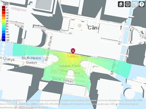 Heat map representing the received power coverage out of a millimeter wave transmitter.