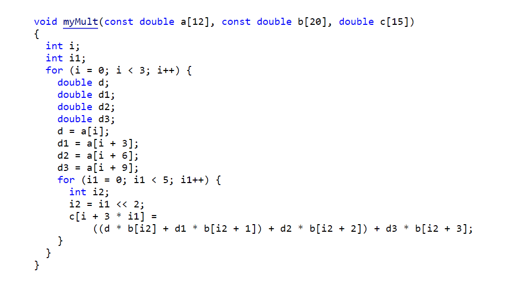 Screenshot of generated C code for a matrix multiply operation.