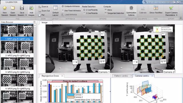 Perform all the essential tasks to calibrate a camera with standard, fisheye, or stereo lens using MATLAB.