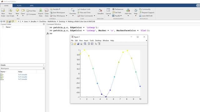 Learn how to plot lines in MATLAB that contain multiple colors using the patch function.