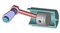 Model a piston using multibody dynamics. Bodies, joints, and 3D visualization are defined and simulated.