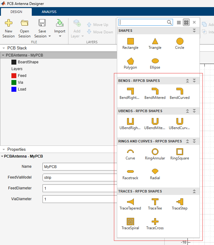 Screenshot of PCB Antenna Designer app canvas with a GUI dropdown menu showing the newly supported RF PCB shapes.