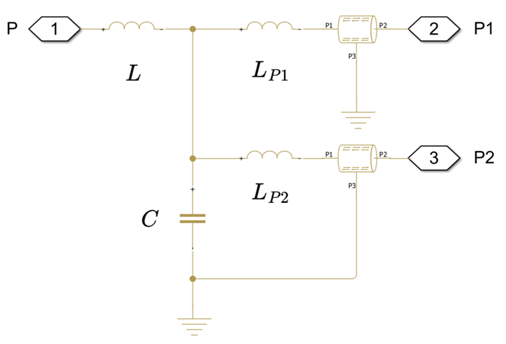Equivalent circuit to the Ported Speaker Enclosure block as a Simscape model. The circuit has two ports.